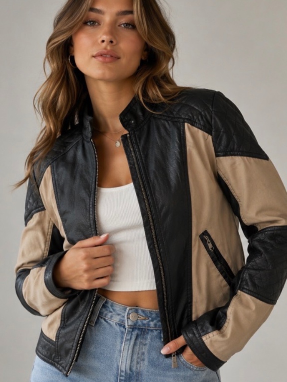 American Culture faux leather moto jacket with the two-tone tan and black color